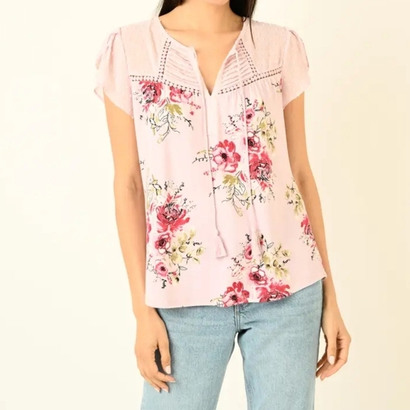 Daniel Rainn Partially Sheer Flutter Sleeve Pink Floral Blouse Size Petite Small - Picture 1 of 8